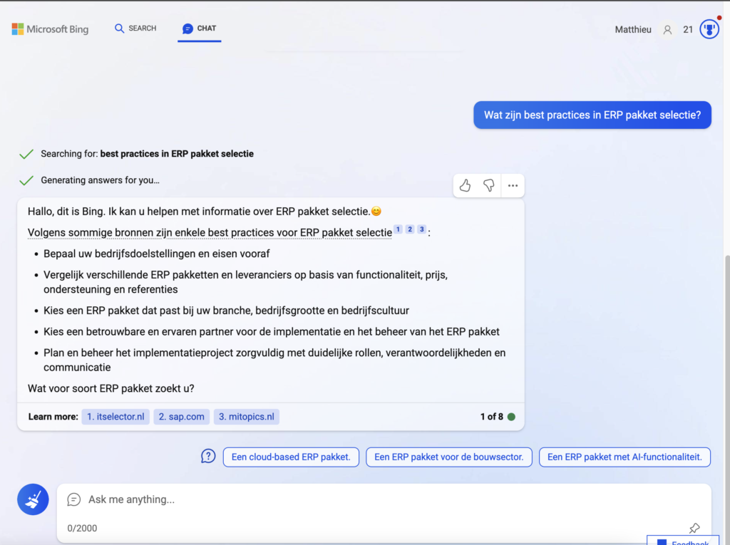 Bing AI Chatbot beantwoord "Wat zijn best practices in ERP pakket selectie?"